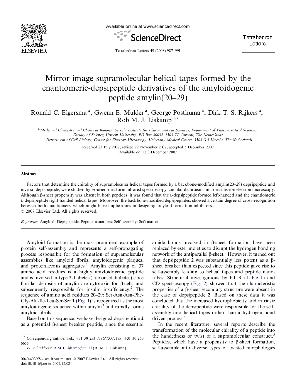 Mirror image supramolecular helical tapes formed by the enantiomeric-depsipeptide derivatives of the amyloidogenic peptide amylin(20-29)