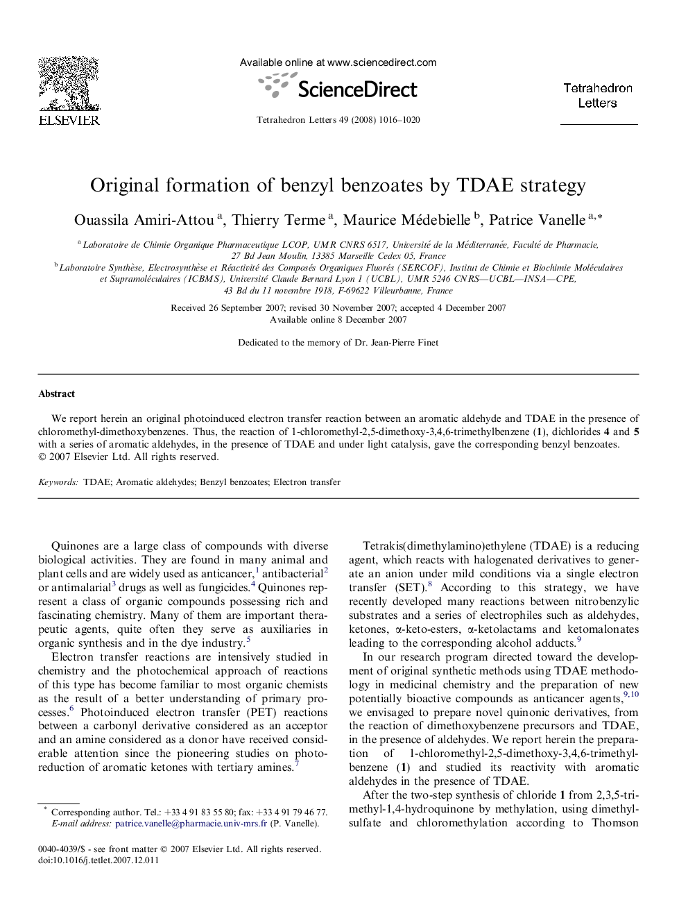 Original formation of benzyl benzoates by TDAE strategy