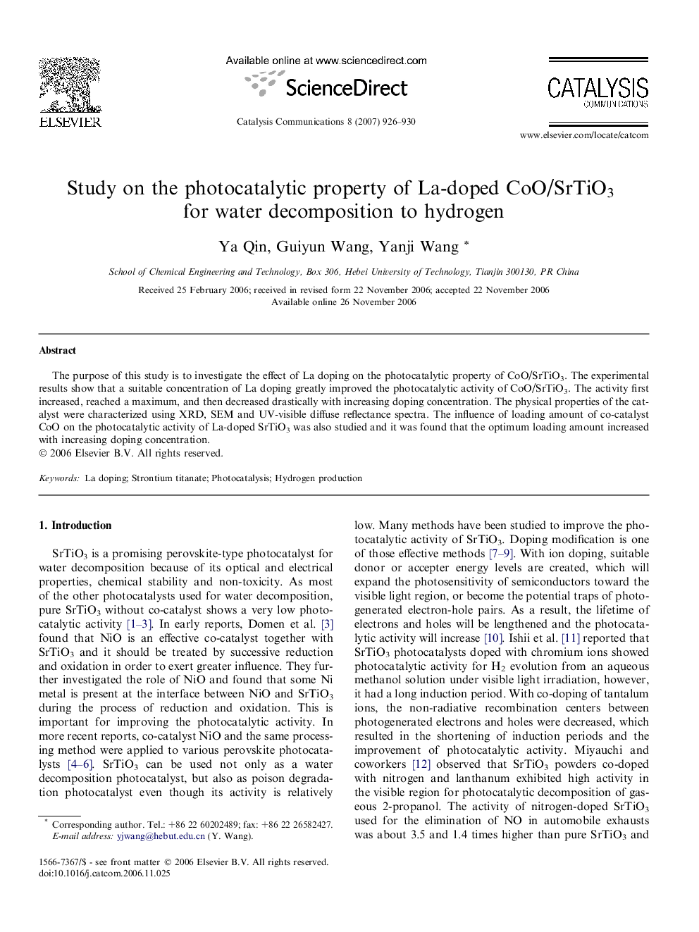 Study on the photocatalytic property of La-doped CoO/SrTiO3 for water decomposition to hydrogen