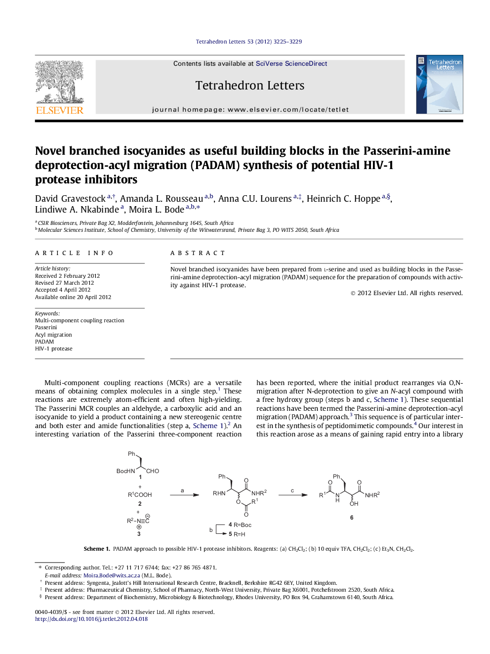 Novel branched isocyanides as useful building blocks in the Passerini-amine deprotection-acyl migration (PADAM) synthesis of potential HIV-1 protease inhibitors