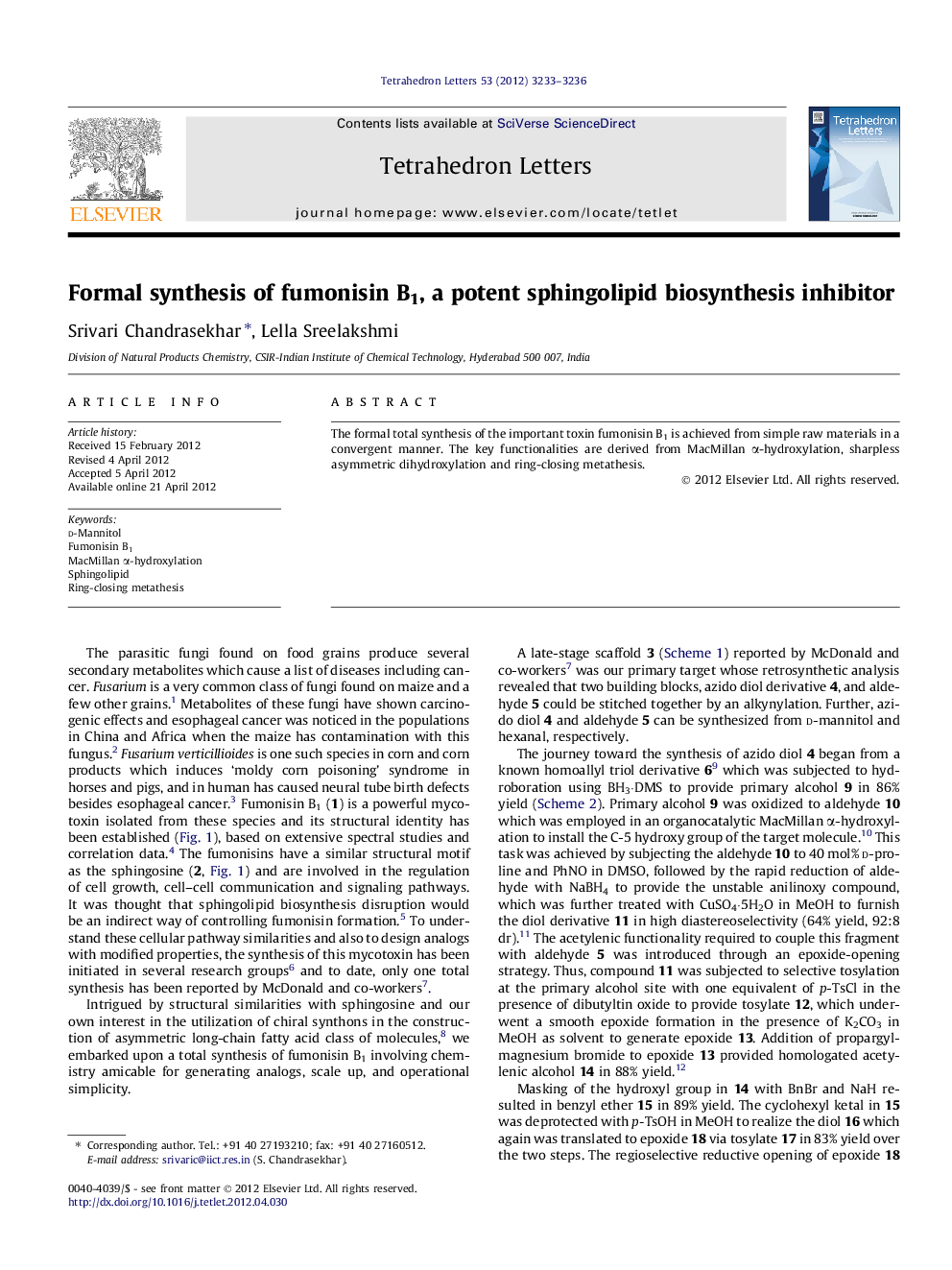 Formal synthesis of fumonisin B1, a potent sphingolipid biosynthesis inhibitor