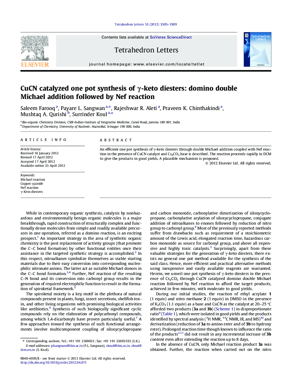 CuCN catalyzed one pot synthesis of Î³-keto diesters: domino double Michael addition followed by Nef reaction