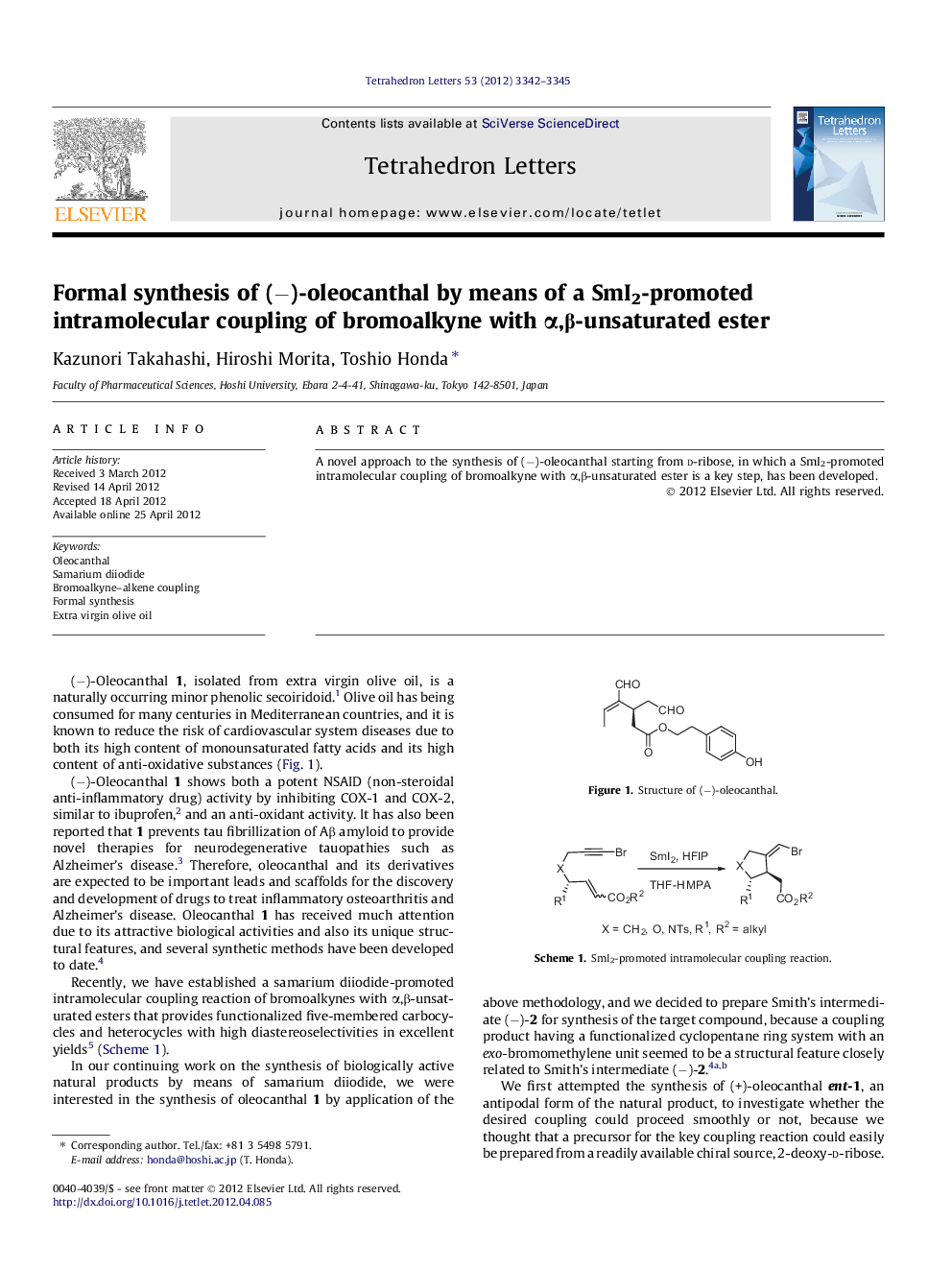 Formal synthesis of (â)-oleocanthal by means of a SmI2-promoted intramolecular coupling of bromoalkyne with Î±,Î²-unsaturated ester