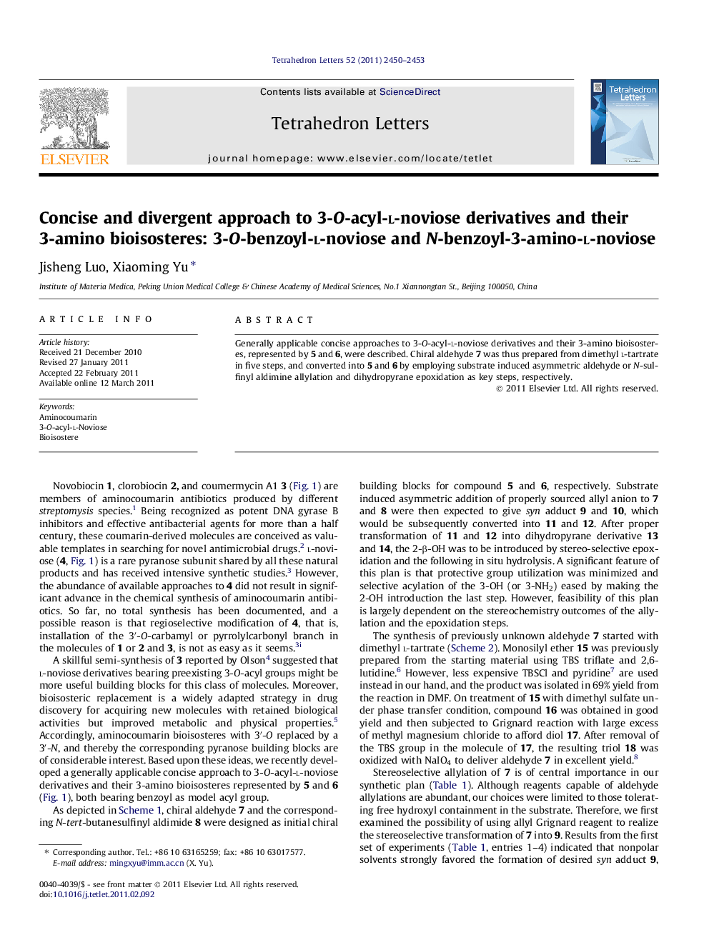 Concise and divergent approach to 3-O-acyl-l-noviose derivatives and their 3-amino bioisosteres: 3-O-benzoyl-l-noviose and N-benzoyl-3-amino-l-noviose