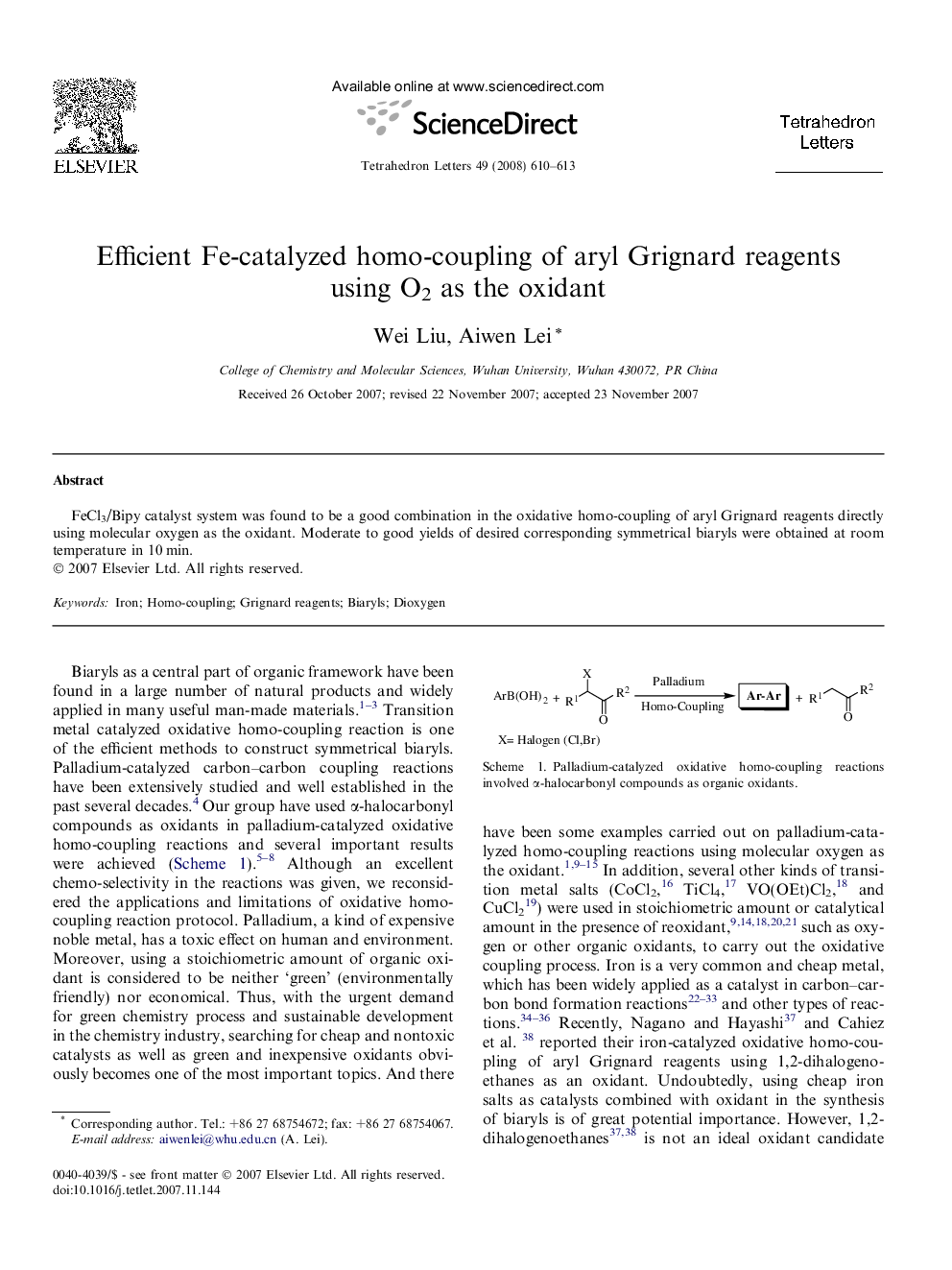 Efficient Fe-catalyzed homo-coupling of aryl Grignard reagents using O2 as the oxidant