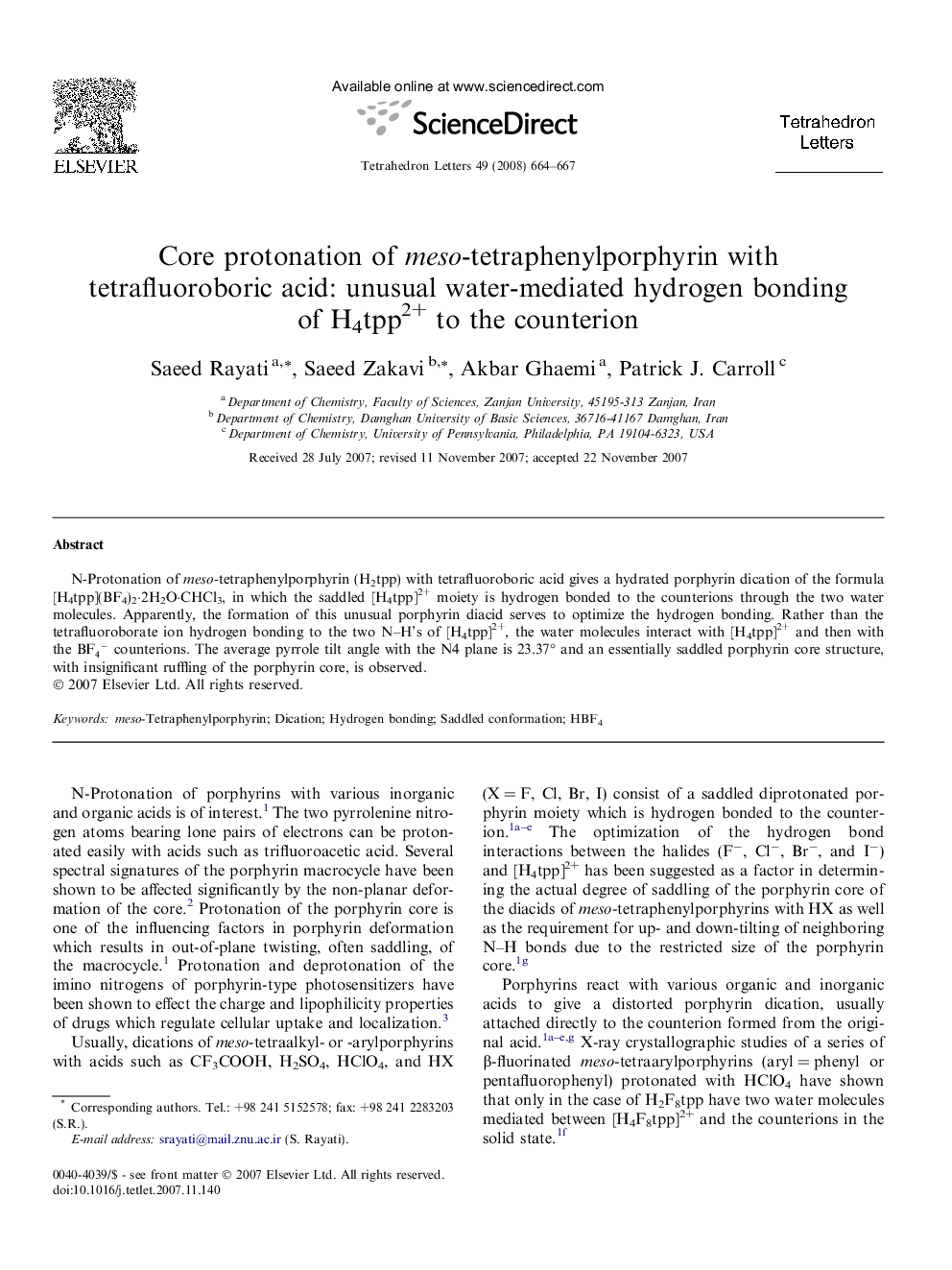 Core protonation of meso-tetraphenylporphyrin with tetrafluoroboric acid: unusual water-mediated hydrogen bonding of H4tpp2+ to the counterion