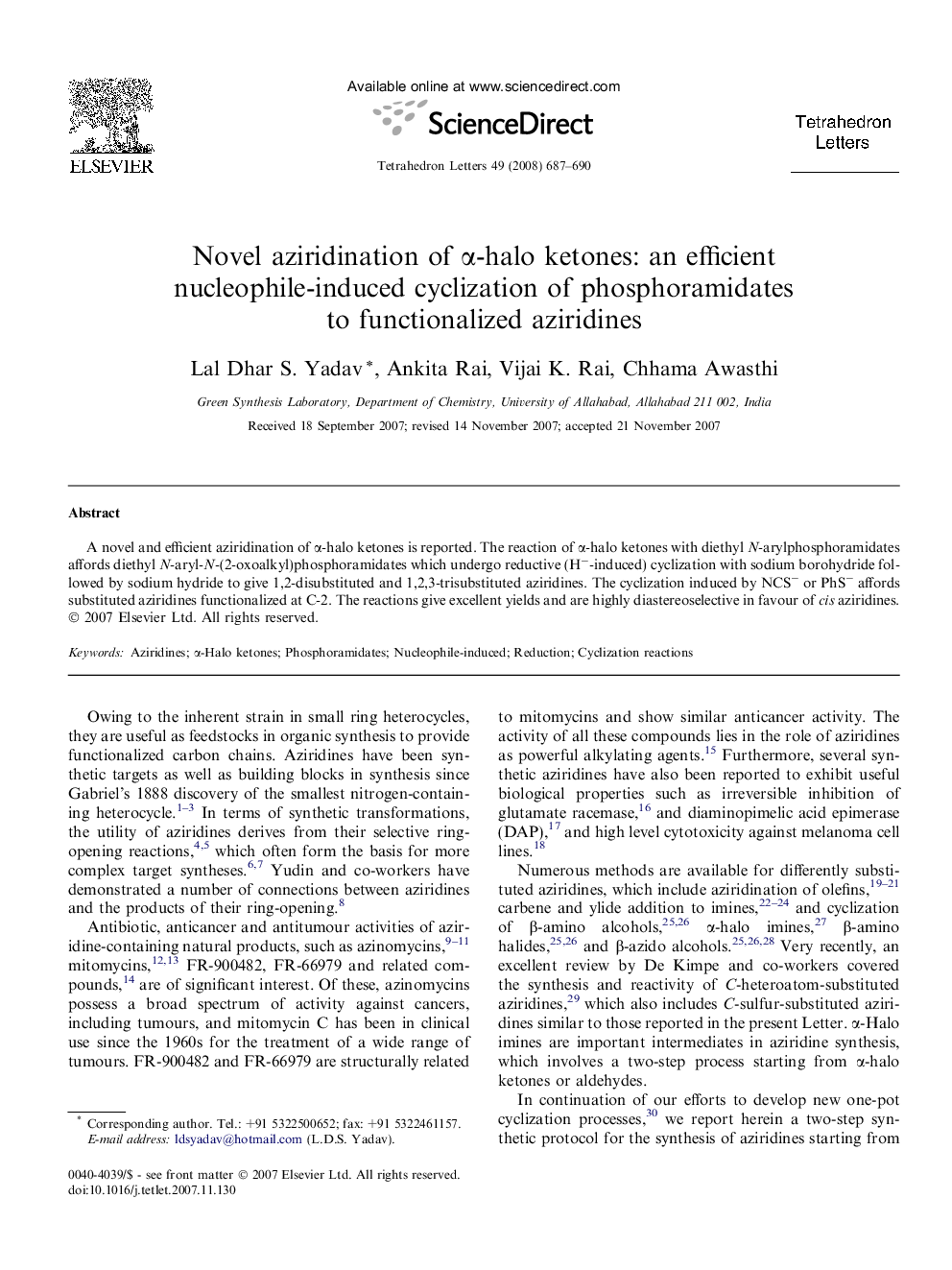 Novel aziridination of Î±-halo ketones: an efficient nucleophile-induced cyclization of phosphoramidates to functionalized aziridines