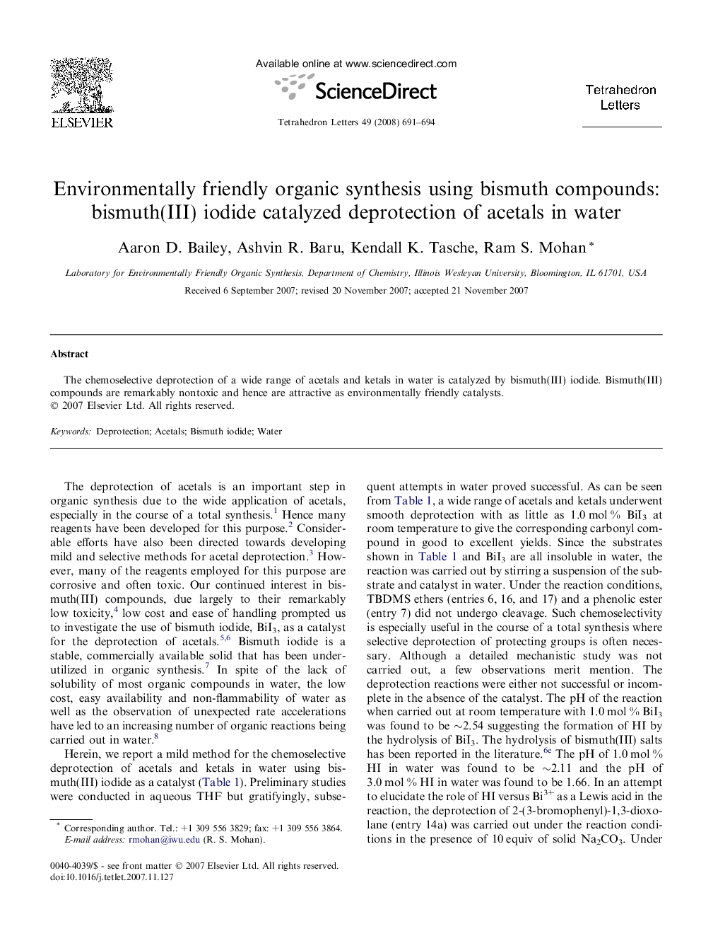 Environmentally friendly organic synthesis using bismuth compounds: bismuth(III) iodide catalyzed deprotection of acetals in water