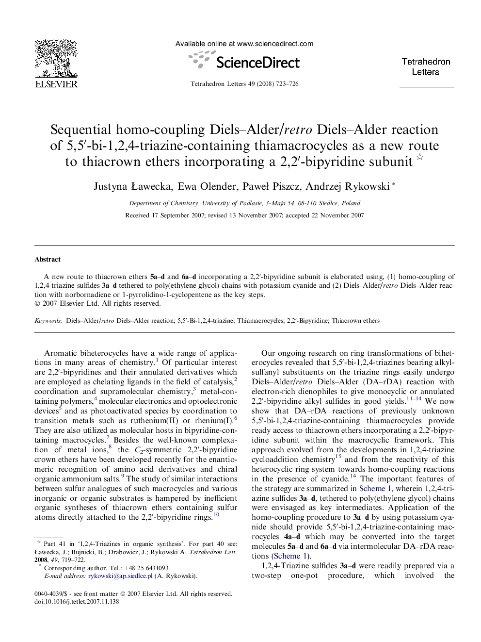 Sequential homo-coupling Diels-Alder/retro Diels-Alder reaction of 5,5â²-bi-1,2,4-triazine-containing thiamacrocycles as a new route to thiacrown ethers incorporating a 2,2â²-bipyridine subunit