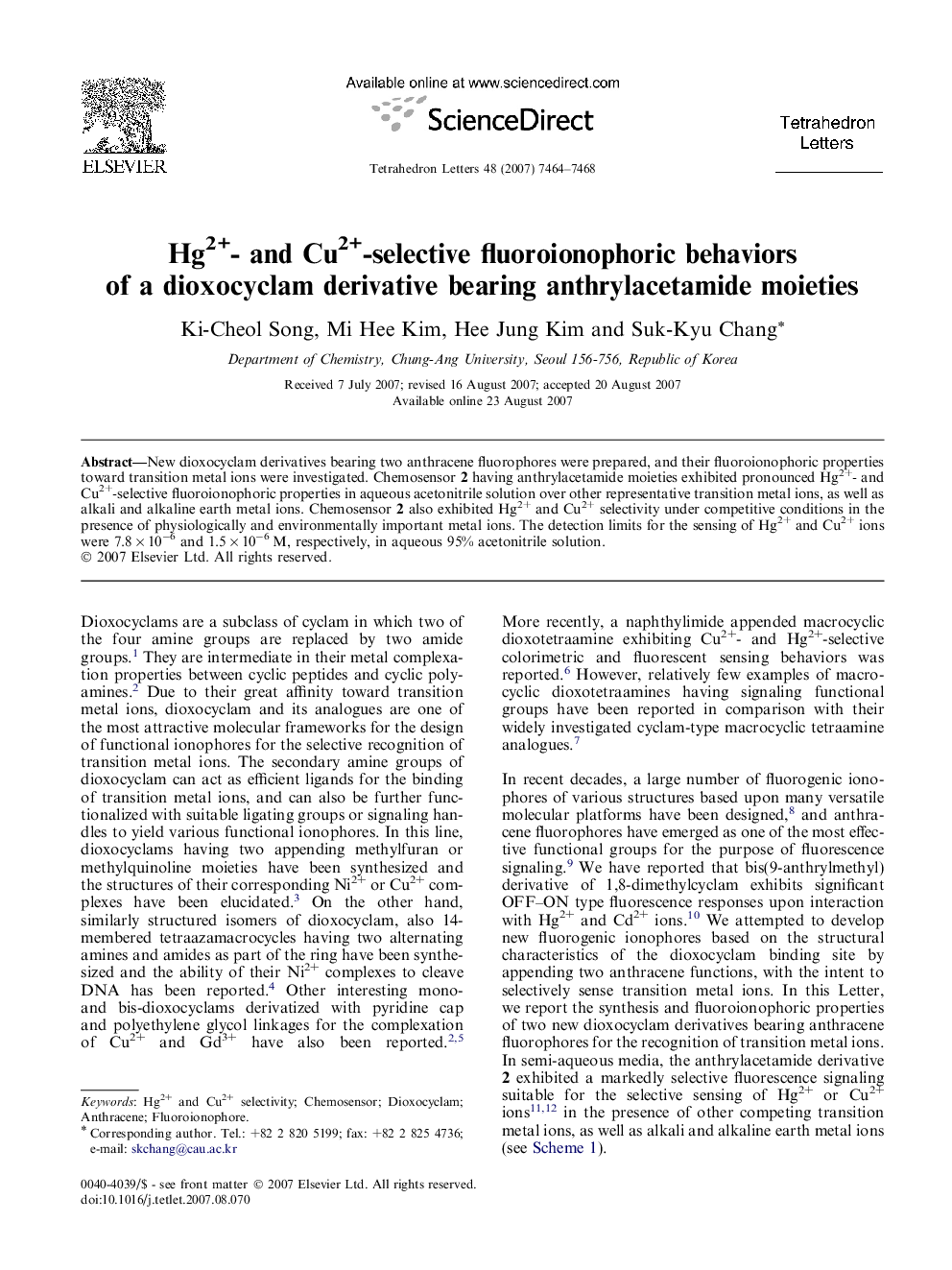 Hg2+- and Cu2+-selective fluoroionophoric behaviors of a dioxocyclam derivative bearing anthrylacetamide moieties