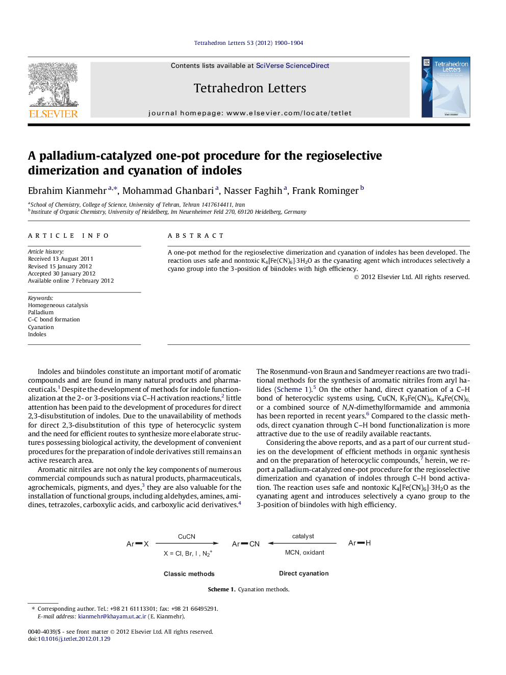 A palladium-catalyzed one-pot procedure for the regioselective dimerization and cyanation of indoles