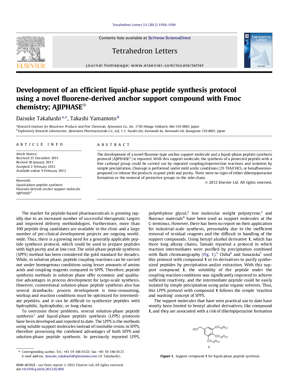 Development of an efficient liquid-phase peptide synthesis protocol using a novel fluorene-derived anchor support compound with Fmoc chemistry; AJIPHASE®