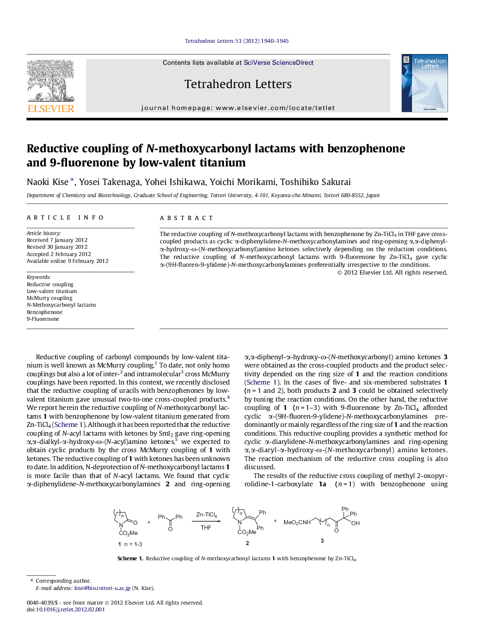 Reductive coupling of N-methoxycarbonyl lactams with benzophenone and 9-fluorenone by low-valent titanium
