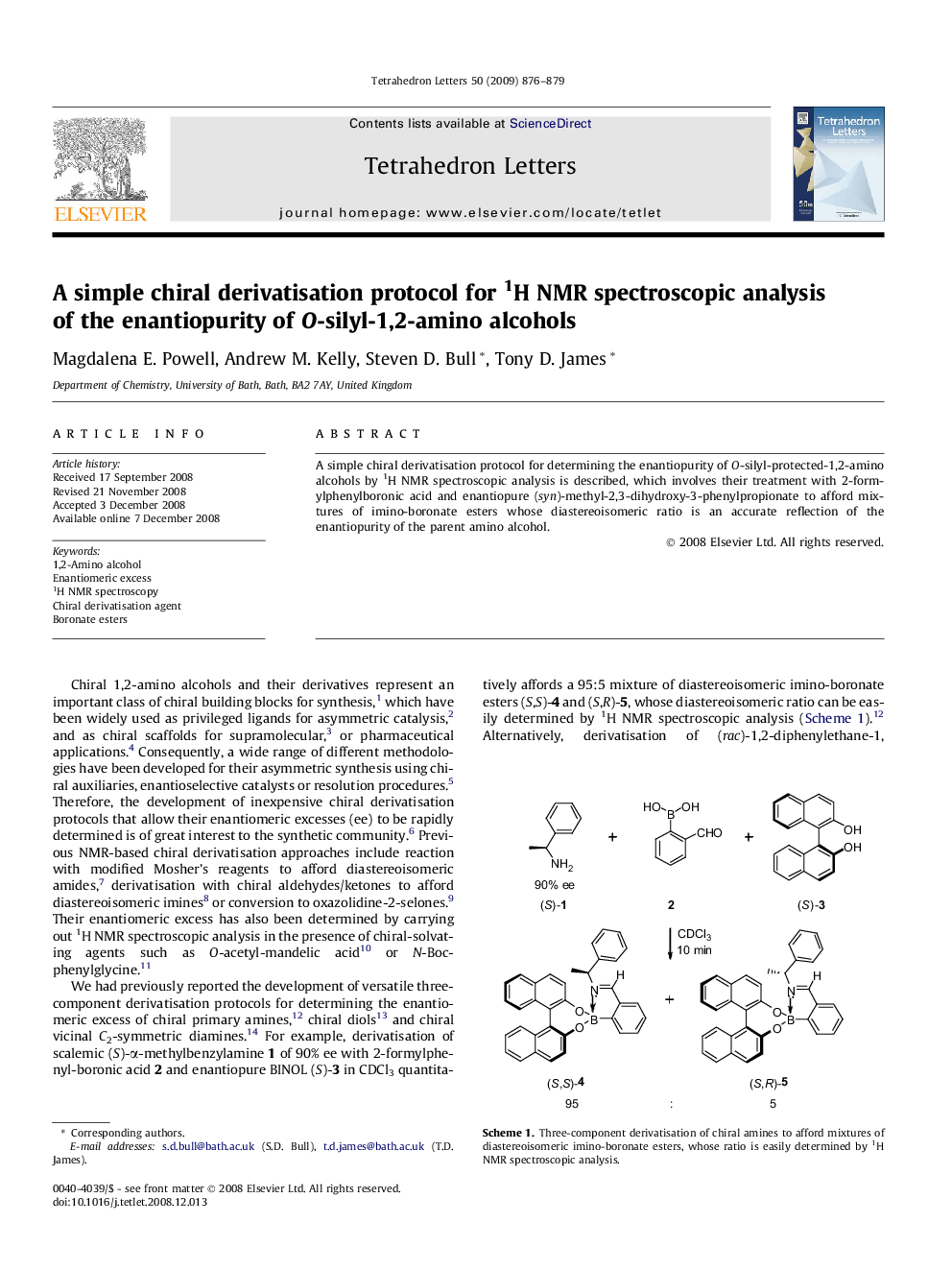 A simple chiral derivatisation protocol for 1H NMR spectroscopic analysis of the enantiopurity of O-silyl-1,2-amino alcohols