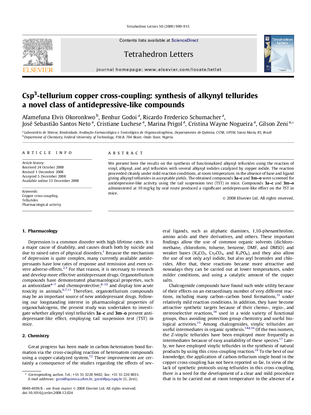 Csp3-tellurium copper cross-coupling: synthesis of alkynyl tellurides a novel class of antidepressive-like compounds