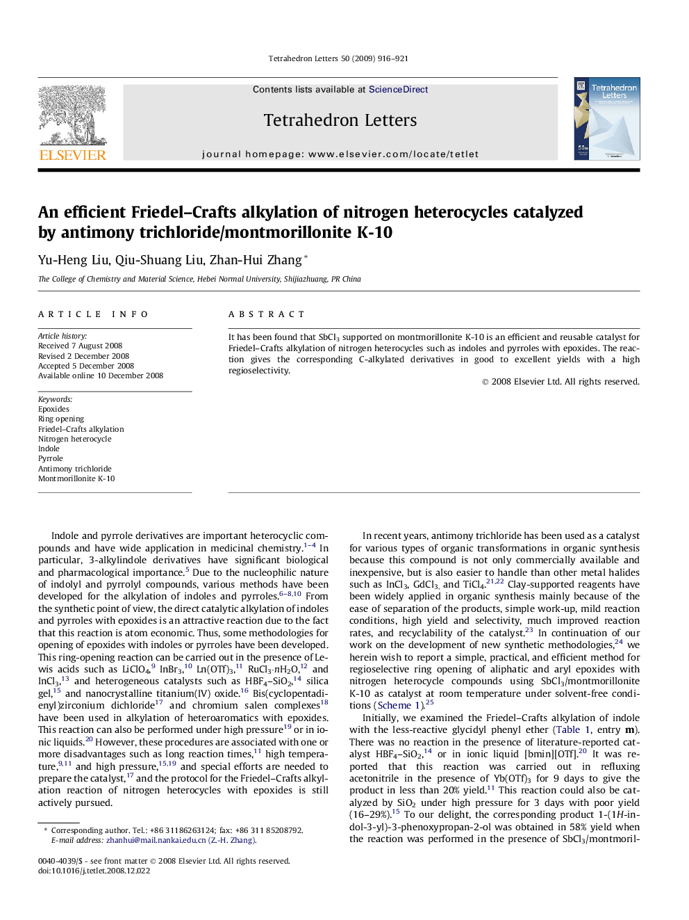 An efficient Friedel-Crafts alkylation of nitrogen heterocycles catalyzed by antimony trichloride/montmorillonite K-10