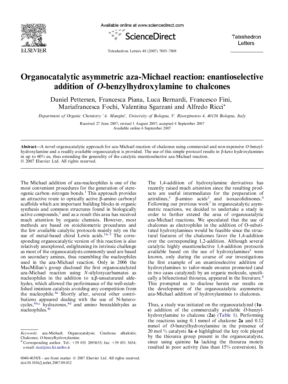 Organocatalytic asymmetric aza-Michael reaction: enantioselective addition of O-benzylhydroxylamine to chalcones