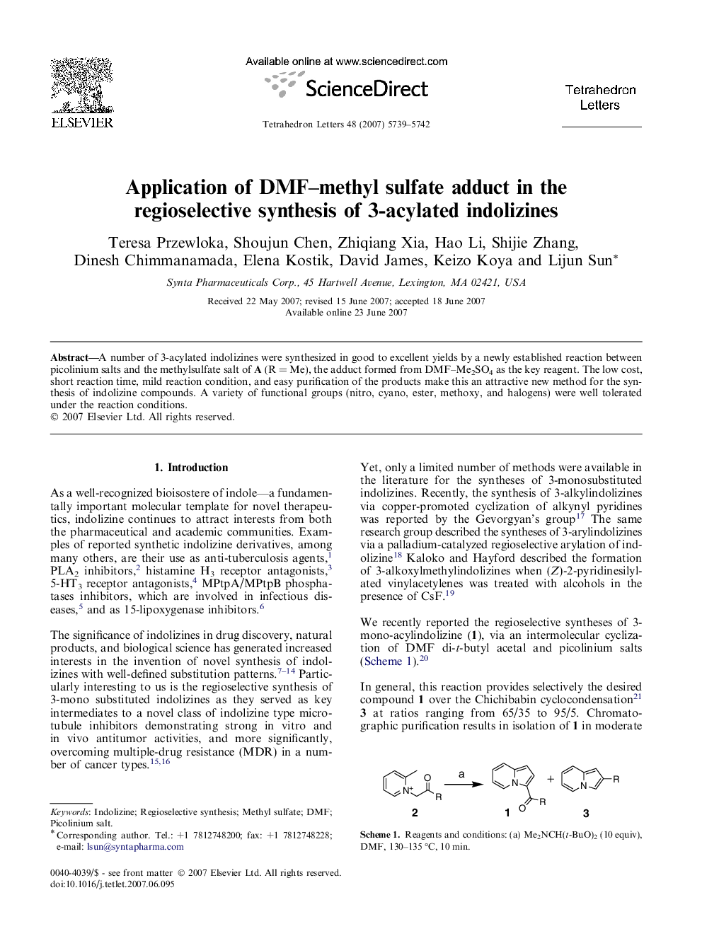 Application of DMF-methyl sulfate adduct in the regioselective synthesis of 3-acylated indolizines