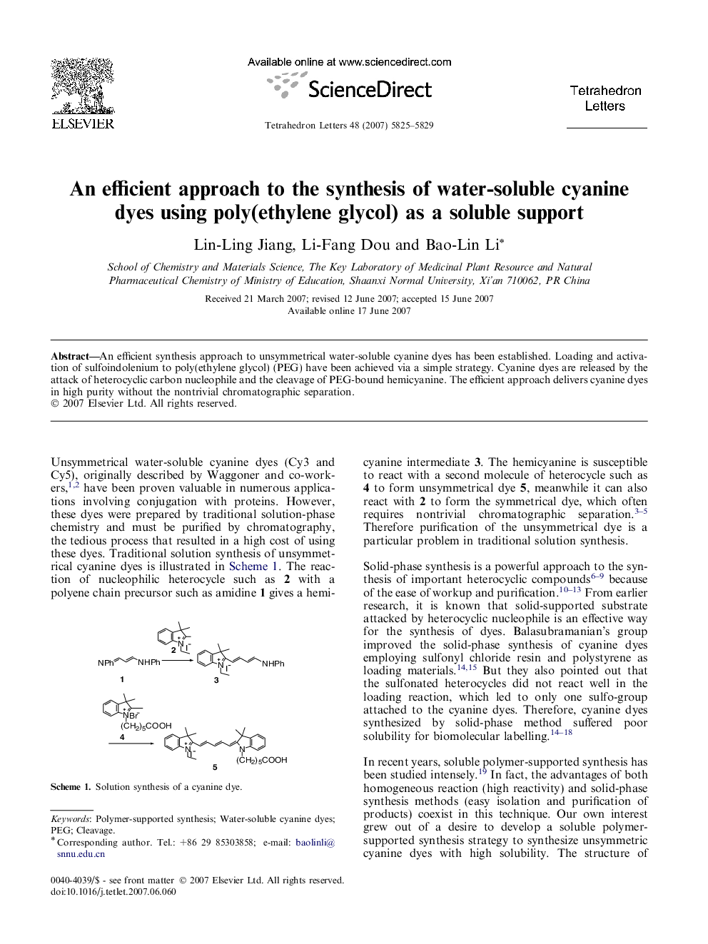 An efficient approach to the synthesis of water-soluble cyanine dyes using poly(ethylene glycol) as a soluble support