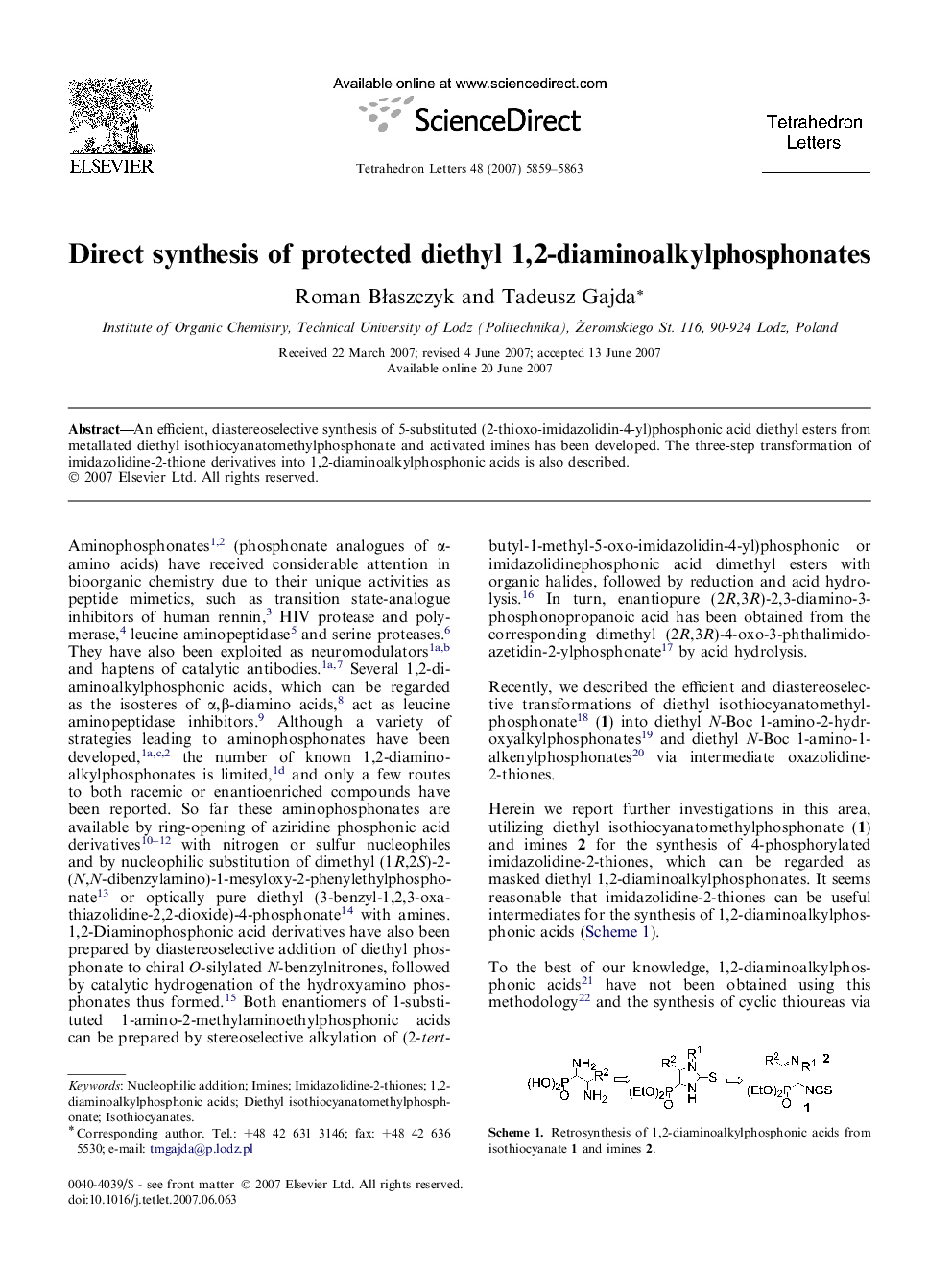 Direct synthesis of protected diethyl 1,2-diaminoalkylphosphonates