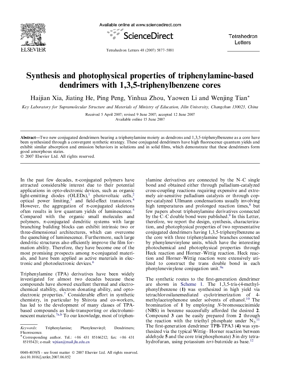 Synthesis and photophysical properties of triphenylamine-based dendrimers with 1,3,5-triphenylbenzene cores