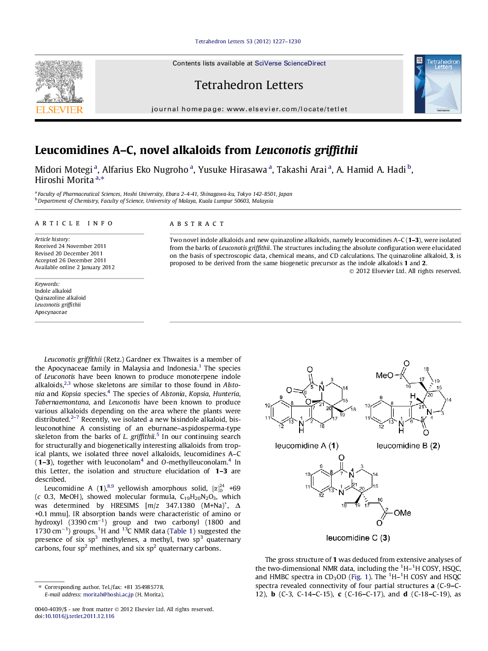 Leucomidines A-C, novel alkaloids from Leuconotis griffithii