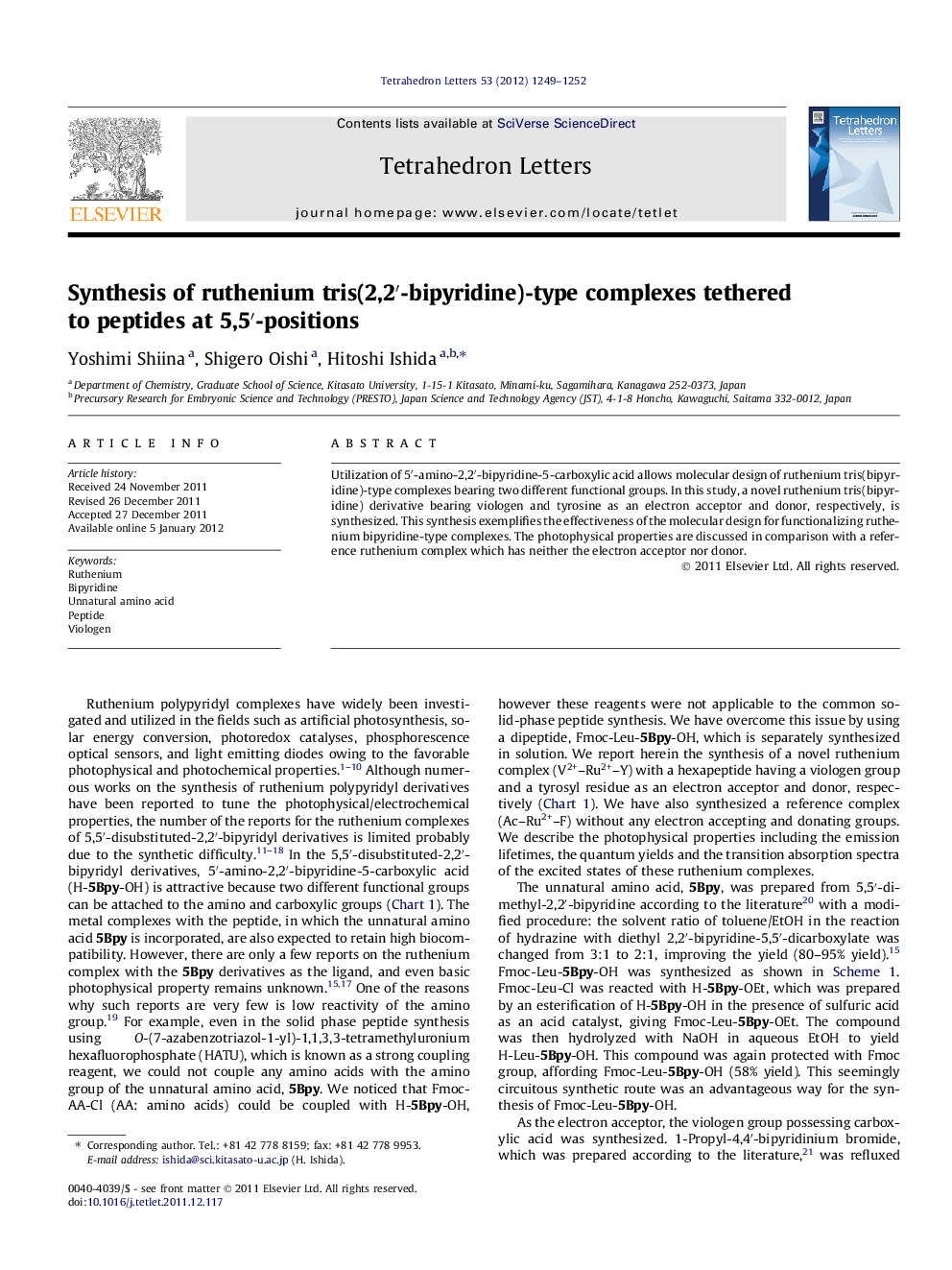 Synthesis of ruthenium tris(2,2â²-bipyridine)-type complexes tethered to peptides at 5,5â²-positions