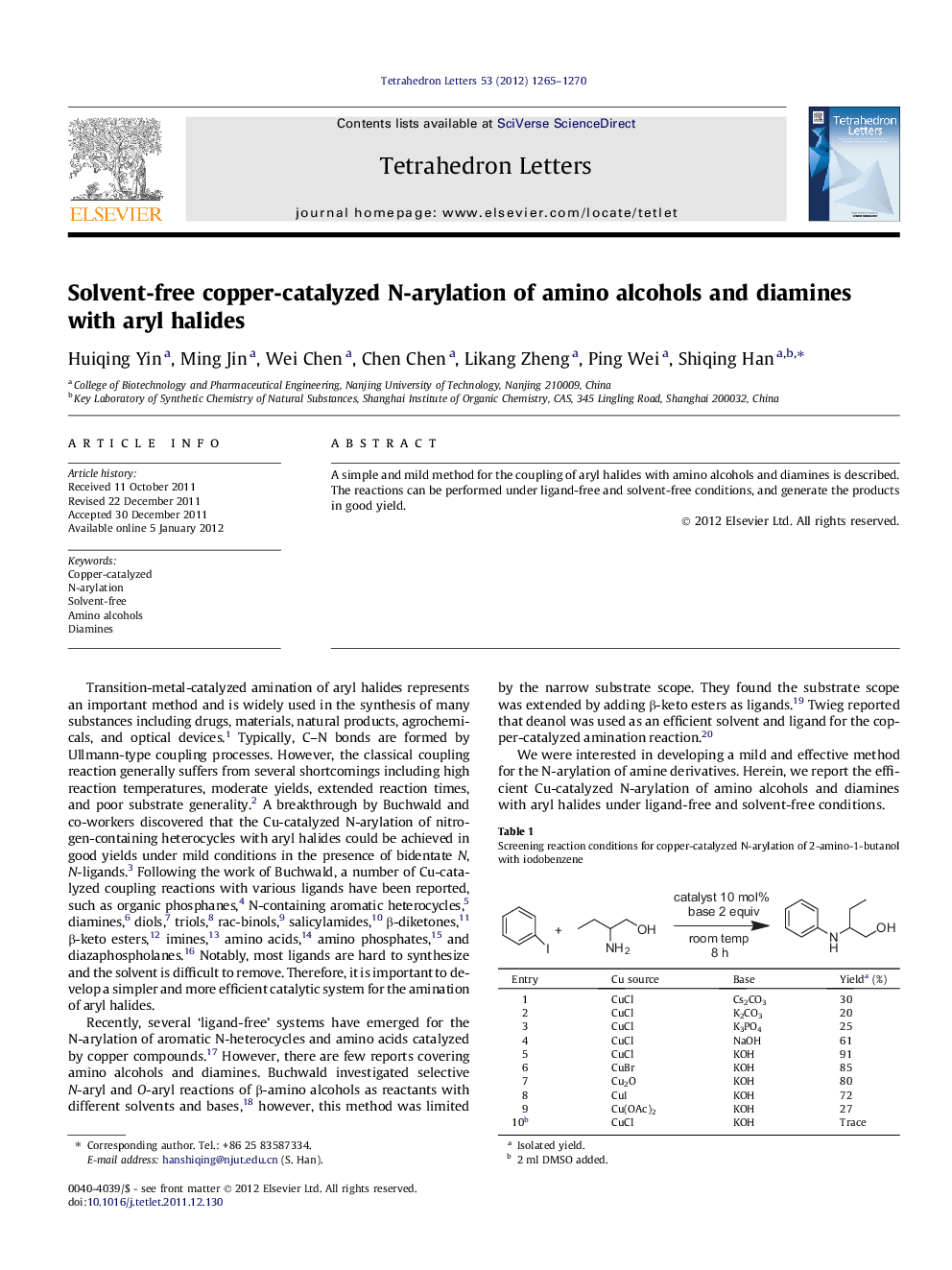 Solvent-free copper-catalyzed N-arylation of amino alcohols and diamines with aryl halides