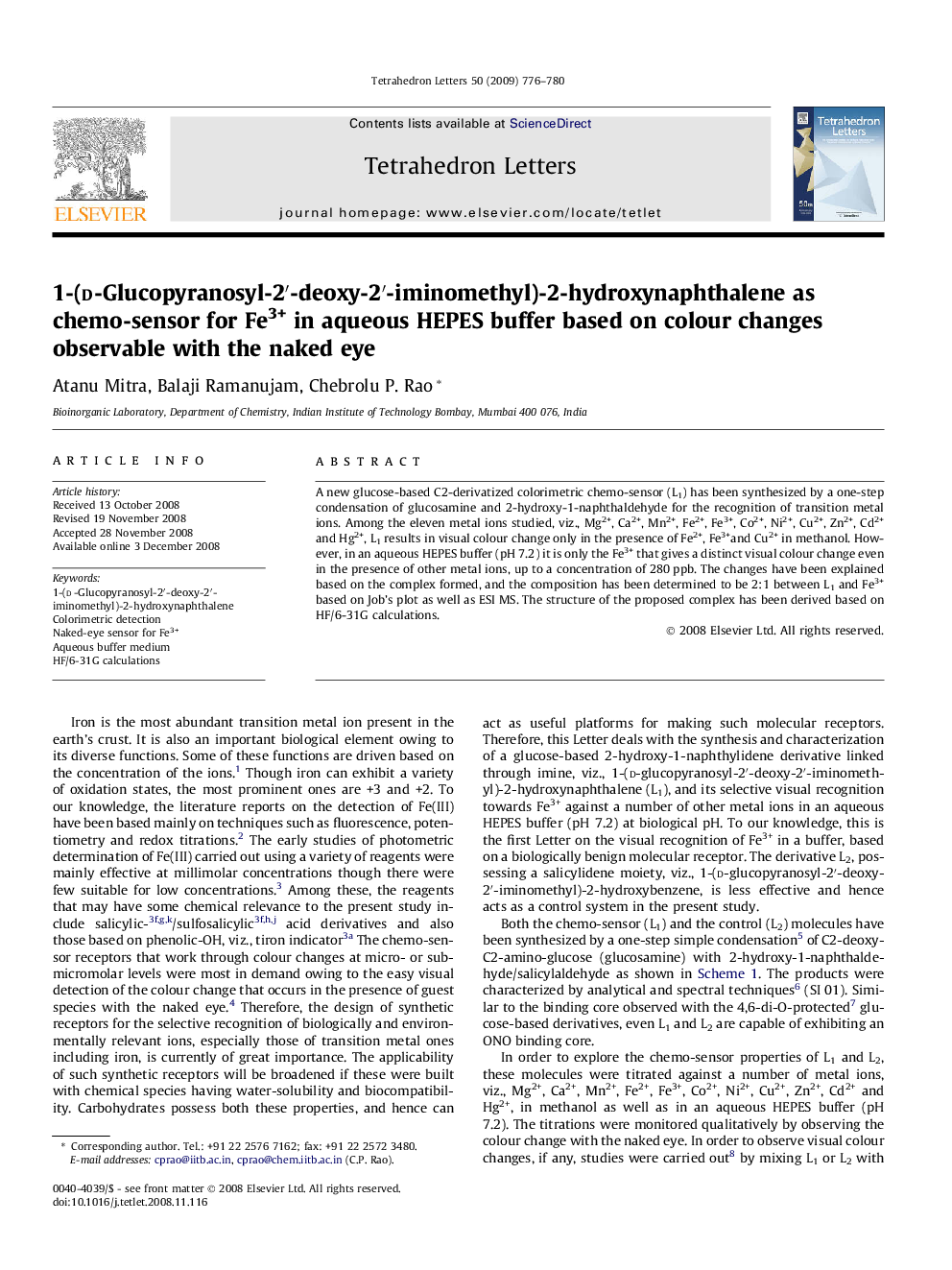 1-(d-Glucopyranosyl-2â²-deoxy-2â²-iminomethyl)-2-hydroxynaphthalene as chemo-sensor for Fe3+ in aqueous HEPES buffer based on colour changes observable with the naked eye