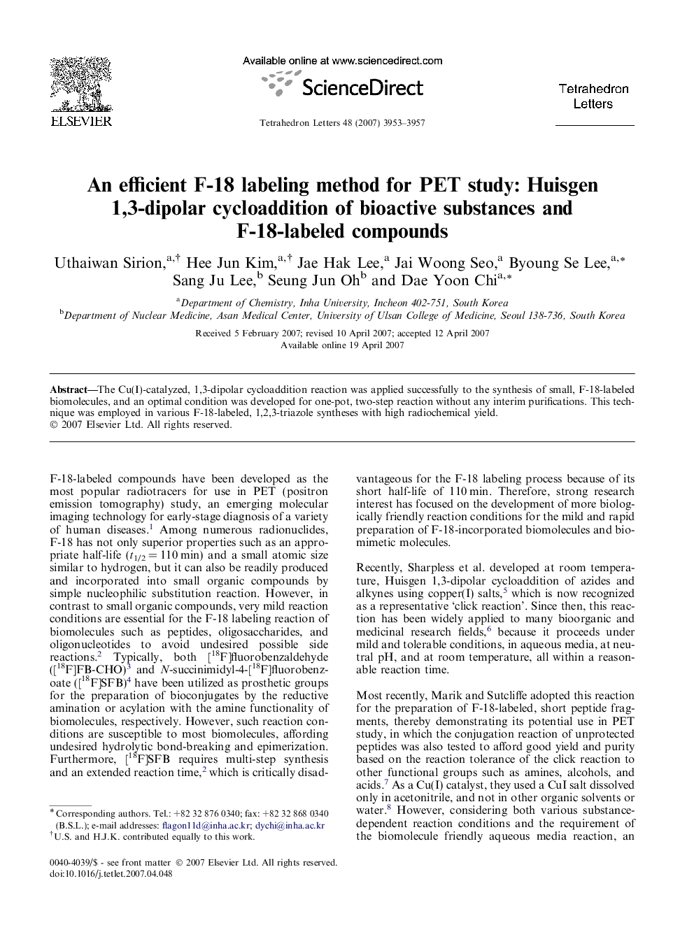 An efficient F-18 labeling method for PET study: Huisgen 1,3-dipolar cycloaddition of bioactive substances and F-18-labeled compounds