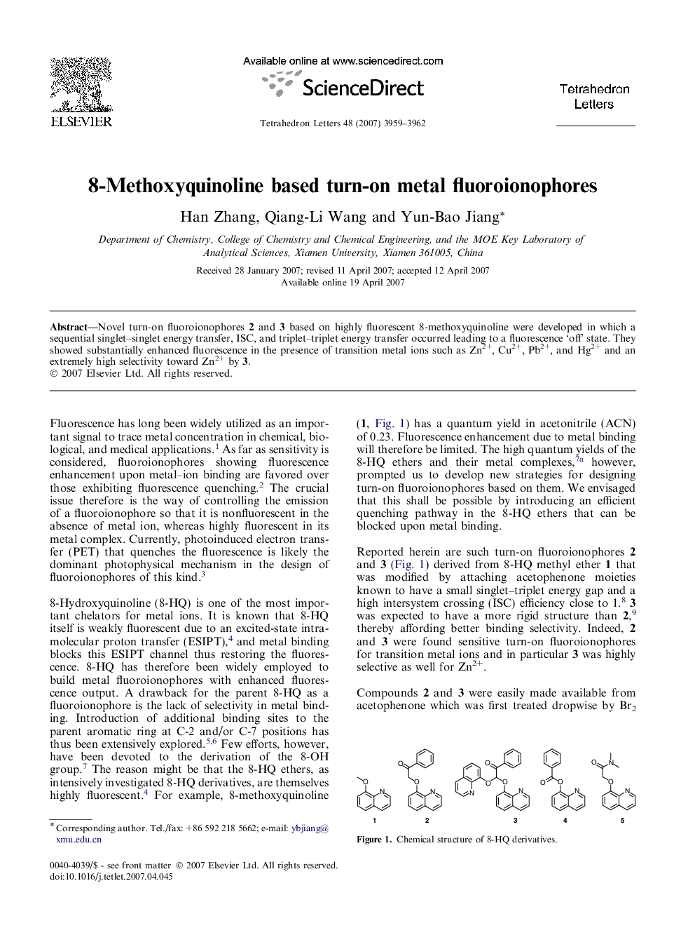 8-Methoxyquinoline based turn-on metal fluoroionophores