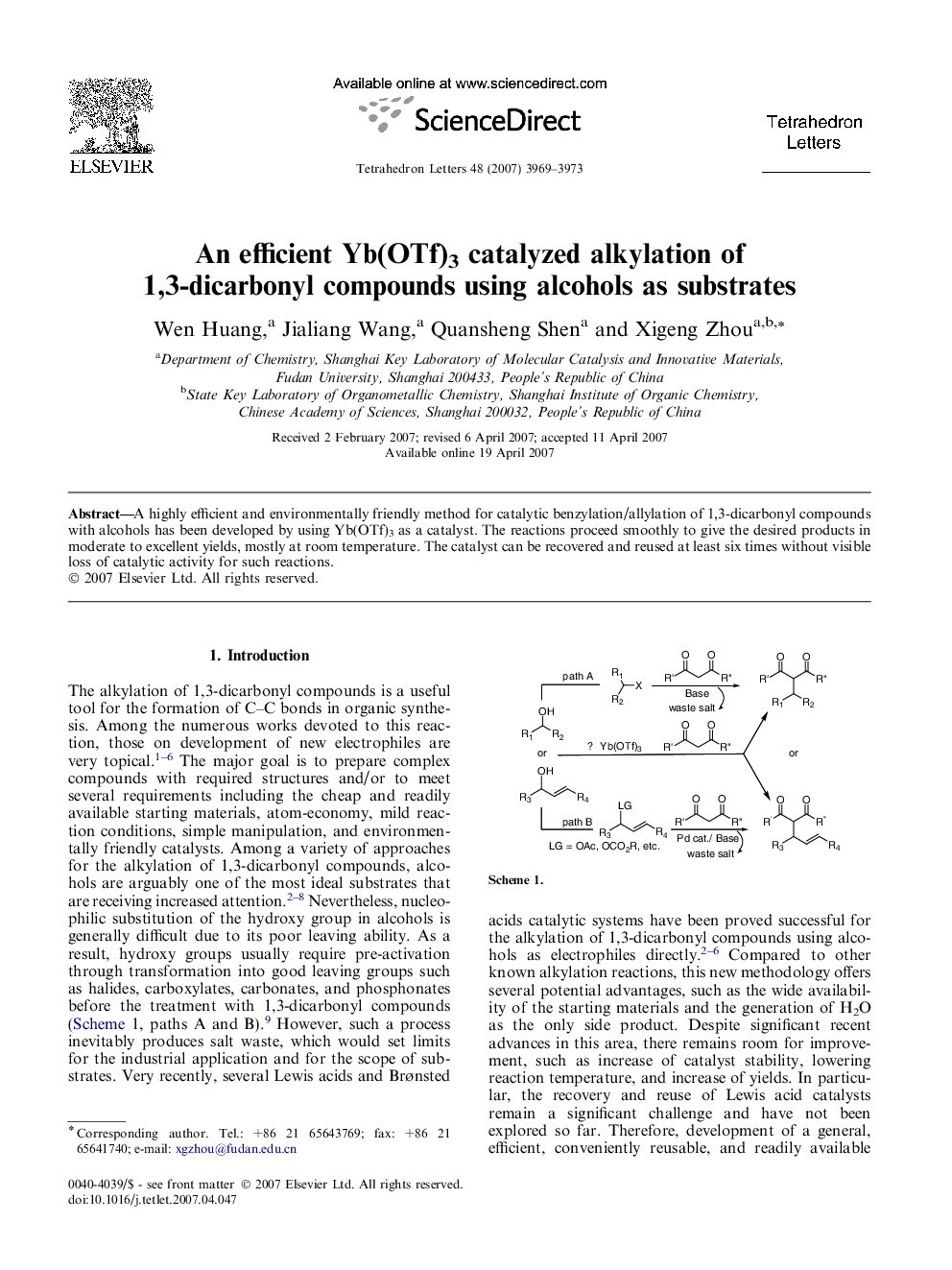 An efficient Yb(OTf)3 catalyzed alkylation of 1,3-dicarbonyl compounds using alcohols as substrates