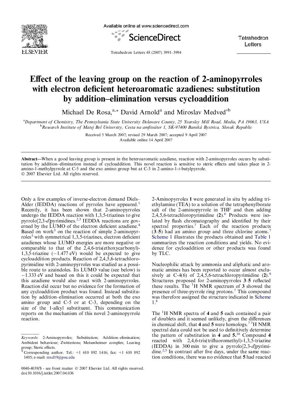 Effect of the leaving group on the reaction of 2-aminopyrroles with electron deficient heteroaromatic azadienes: substitution by addition-elimination versus cycloaddition