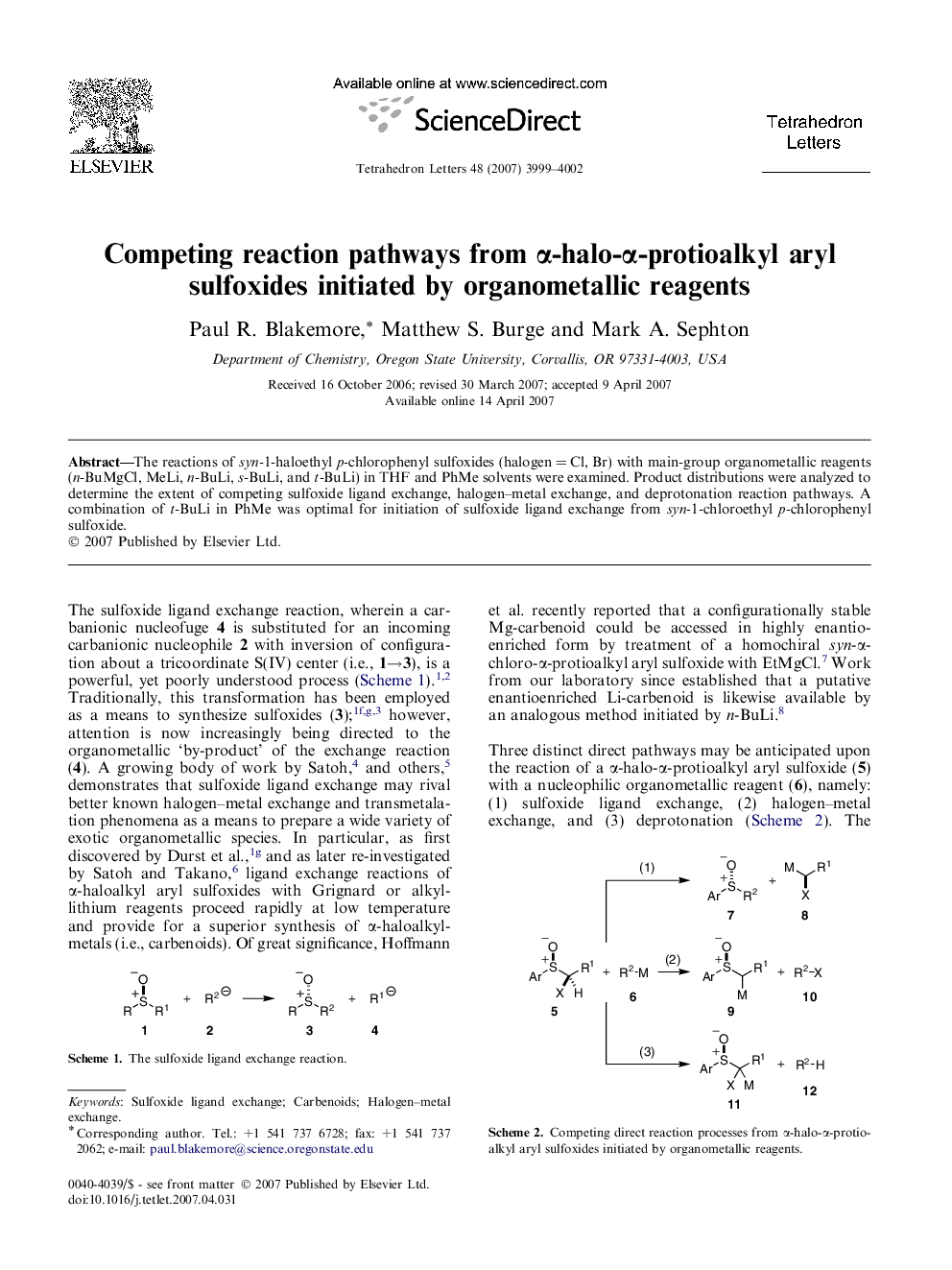 Competing reaction pathways from Î±-halo-Î±-protioalkyl aryl sulfoxides initiated by organometallic reagents