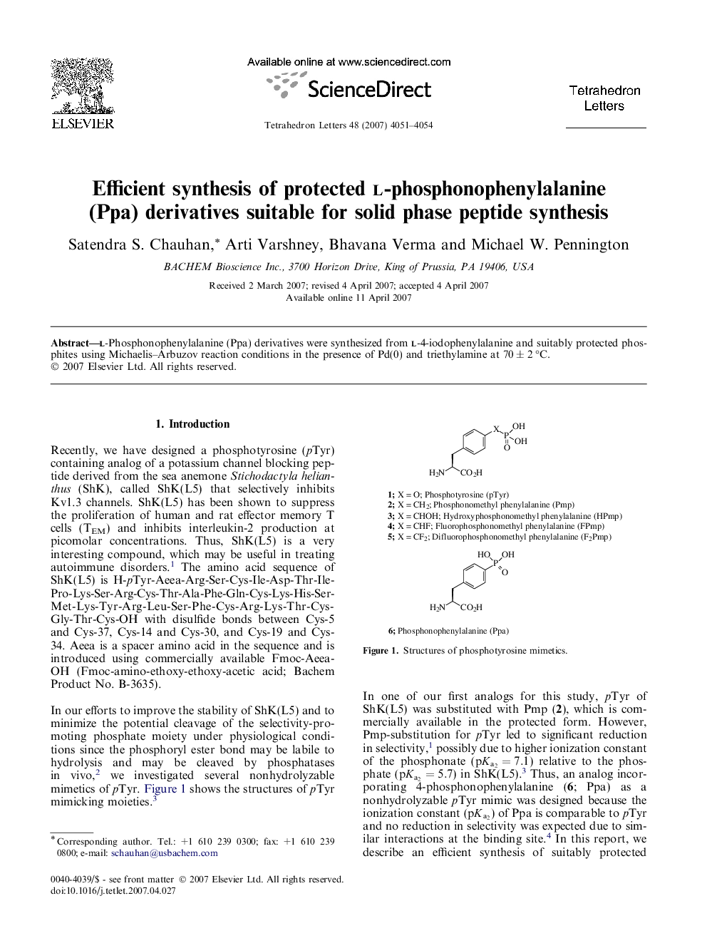Efficient synthesis of protected l-phosphonophenylalanine (Ppa) derivatives suitable for solid phase peptide synthesis