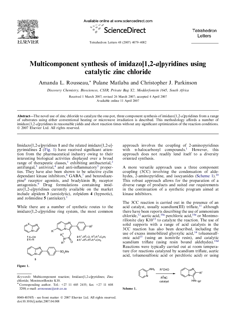 Multicomponent synthesis of imidazo[1,2-a]pyridines using catalytic zinc chloride