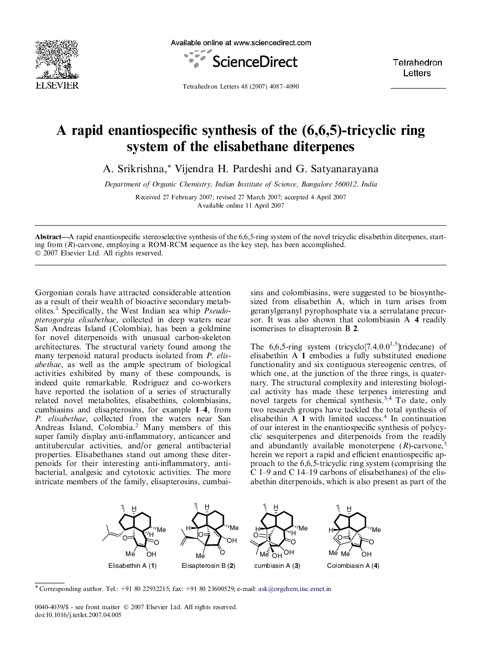 A rapid enantiospecific synthesis of the (6,6,5)-tricyclic ring system of the elisabethane diterpenes