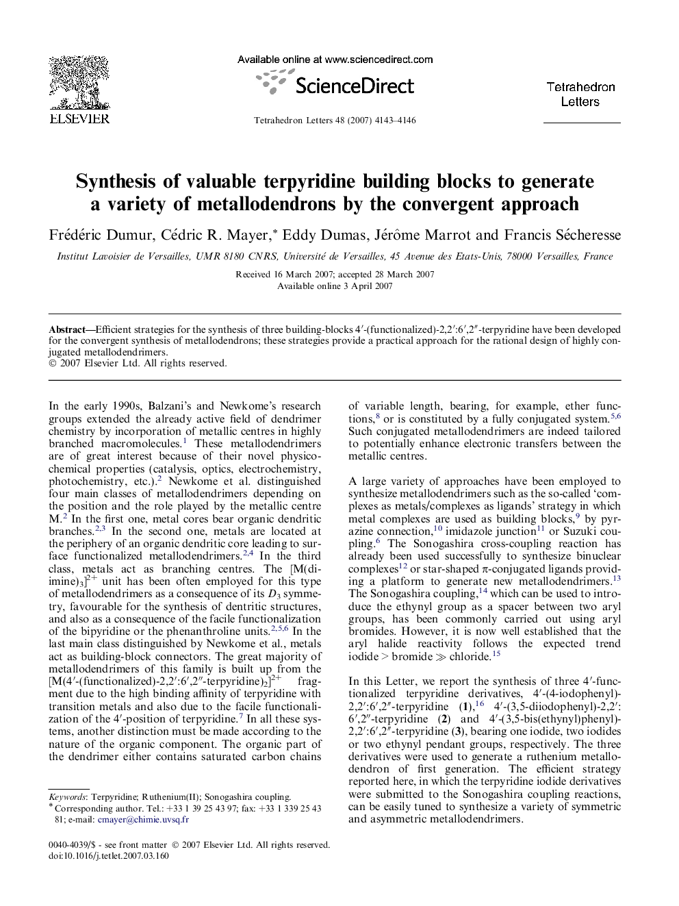 Synthesis of valuable terpyridine building blocks to generate a variety of metallodendrons by the convergent approach