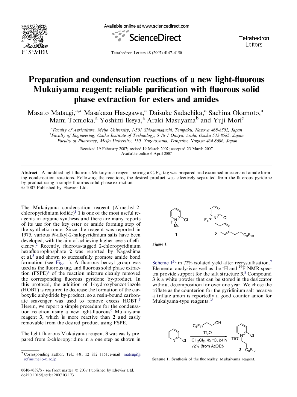 Preparation and condensation reactions of a new light-fluorous Mukaiyama reagent: reliable purification with fluorous solid phase extraction for esters and amides