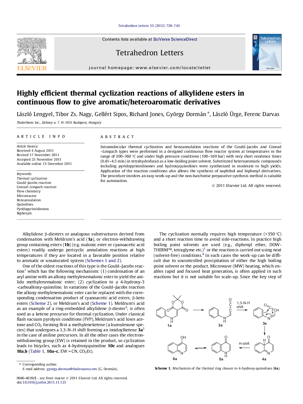 Highly efficient thermal cyclization reactions of alkylidene esters in continuous flow to give aromatic/heteroaromatic derivatives