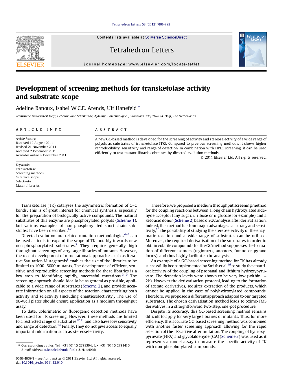 Development of screening methods for transketolase activity and substrate scope