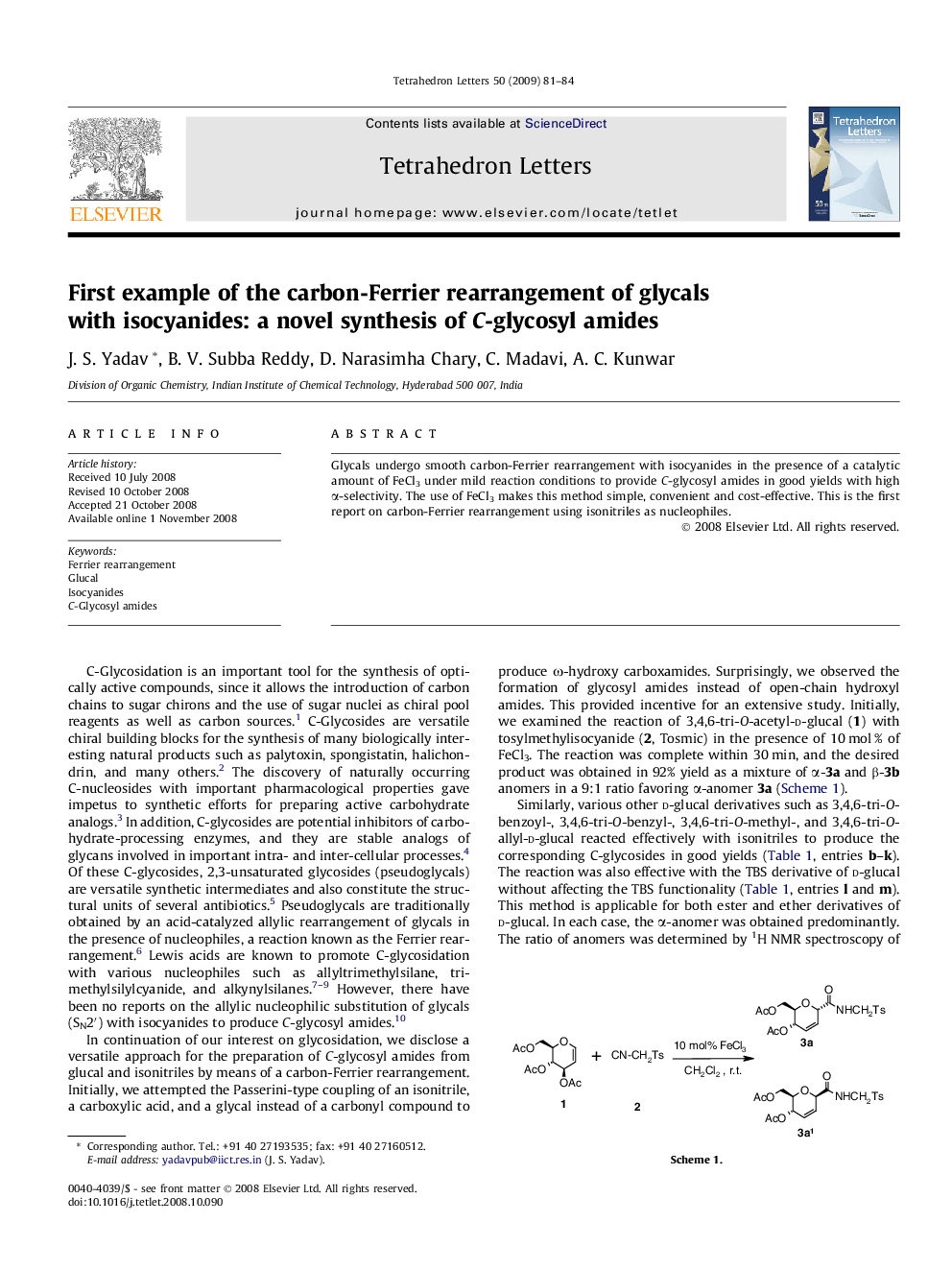 First example of the carbon-Ferrier rearrangement of glycals with isocyanides: a novel synthesis of C-glycosyl amides