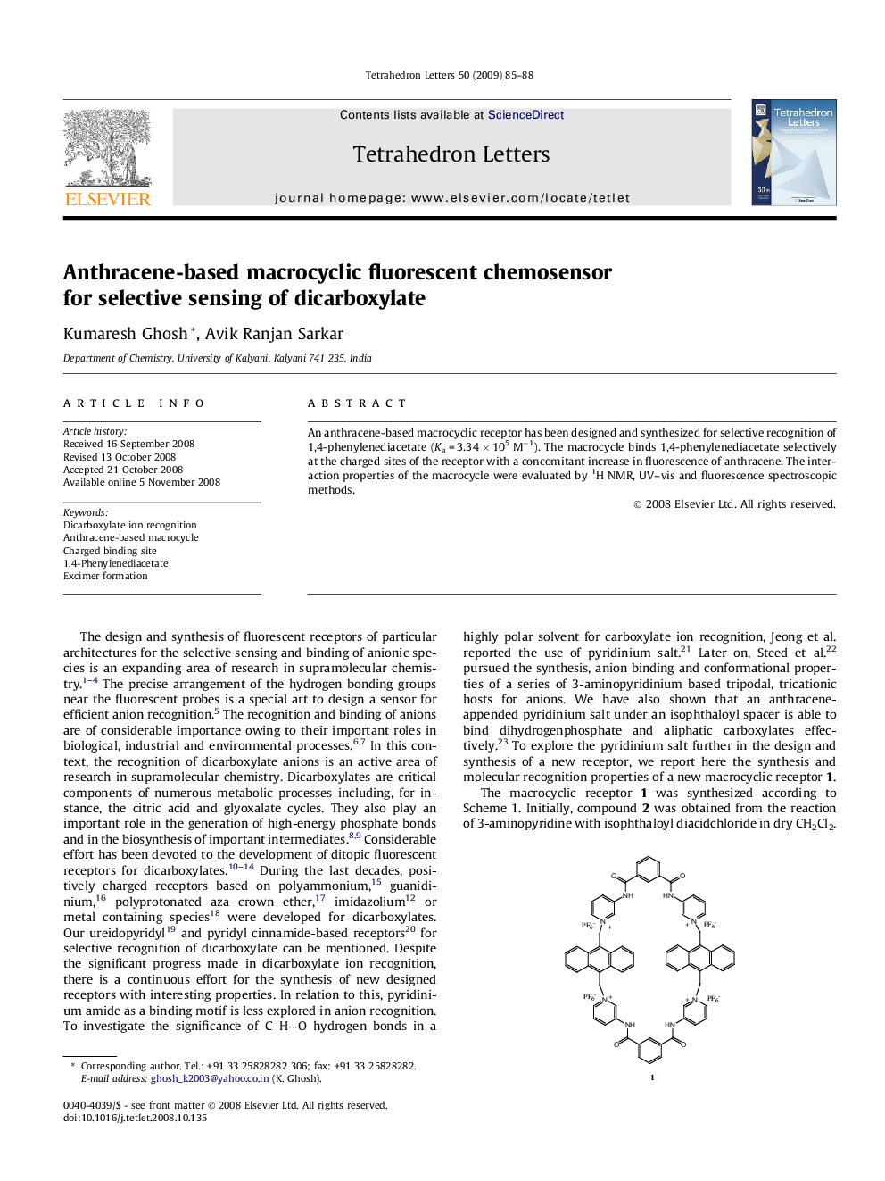 Anthracene-based macrocyclic fluorescent chemosensor for selective sensing of dicarboxylate