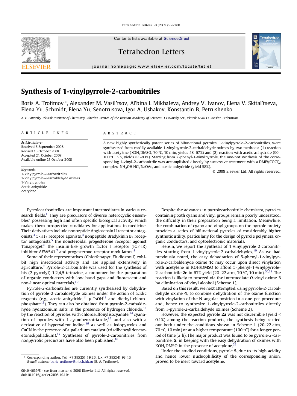 Synthesis of 1-vinylpyrrole-2-carbonitriles