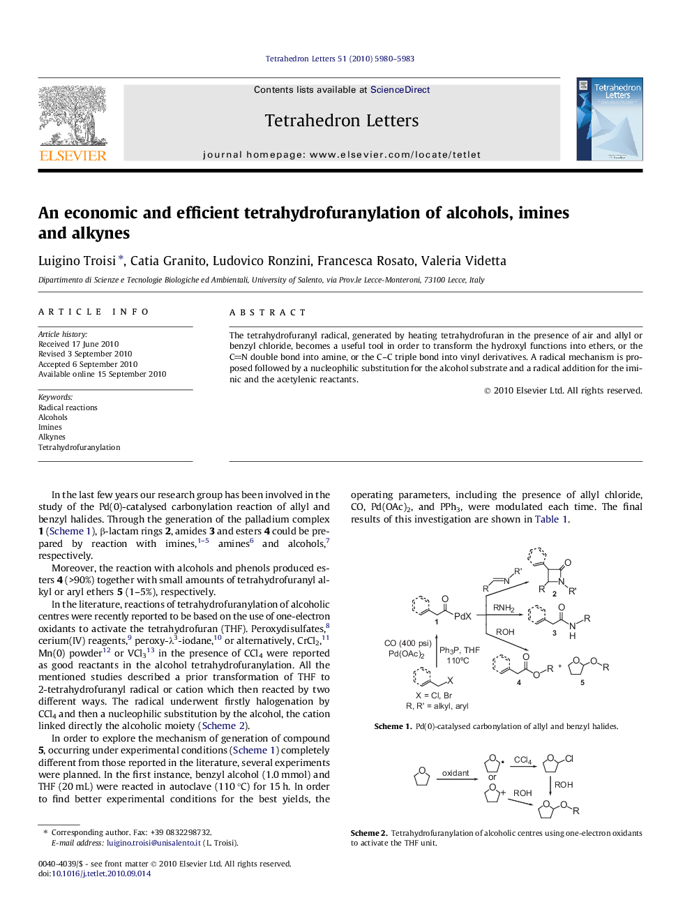 An economic and efficient tetrahydrofuranylation of alcohols, imines and alkynes