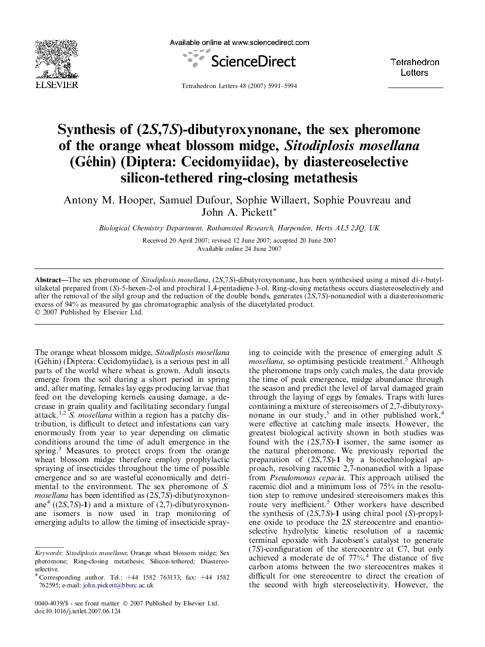 Synthesis of (2S,7S)-dibutyroxynonane, the sex pheromone of the orange wheat blossom midge, Sitodiplosis mosellana (Géhin) (Diptera: Cecidomyiidae), by diastereoselective silicon-tethered ring-closing metathesis