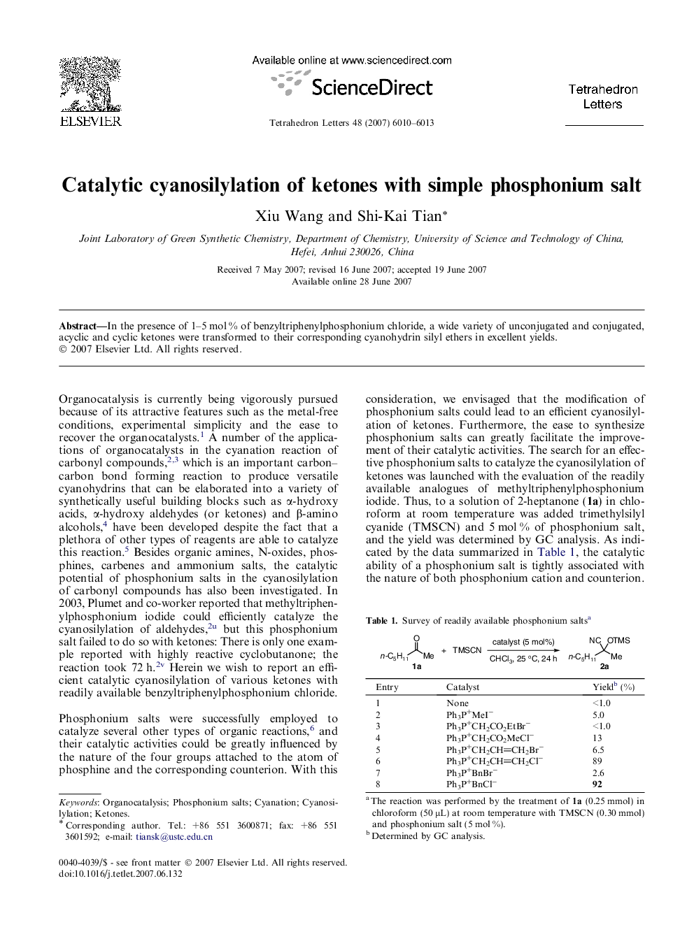 Catalytic cyanosilylation of ketones with simple phosphonium salt