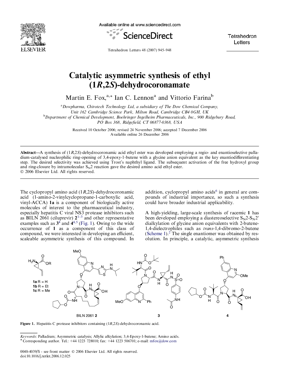 Catalytic asymmetric synthesis of ethyl (1R,2S)-dehydrocoronamate