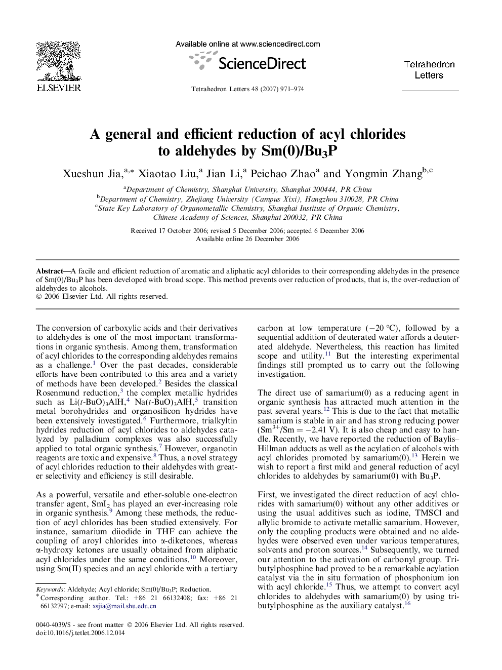 A general and efficient reduction of acyl chlorides to aldehydes by Sm(0)/Bu3P