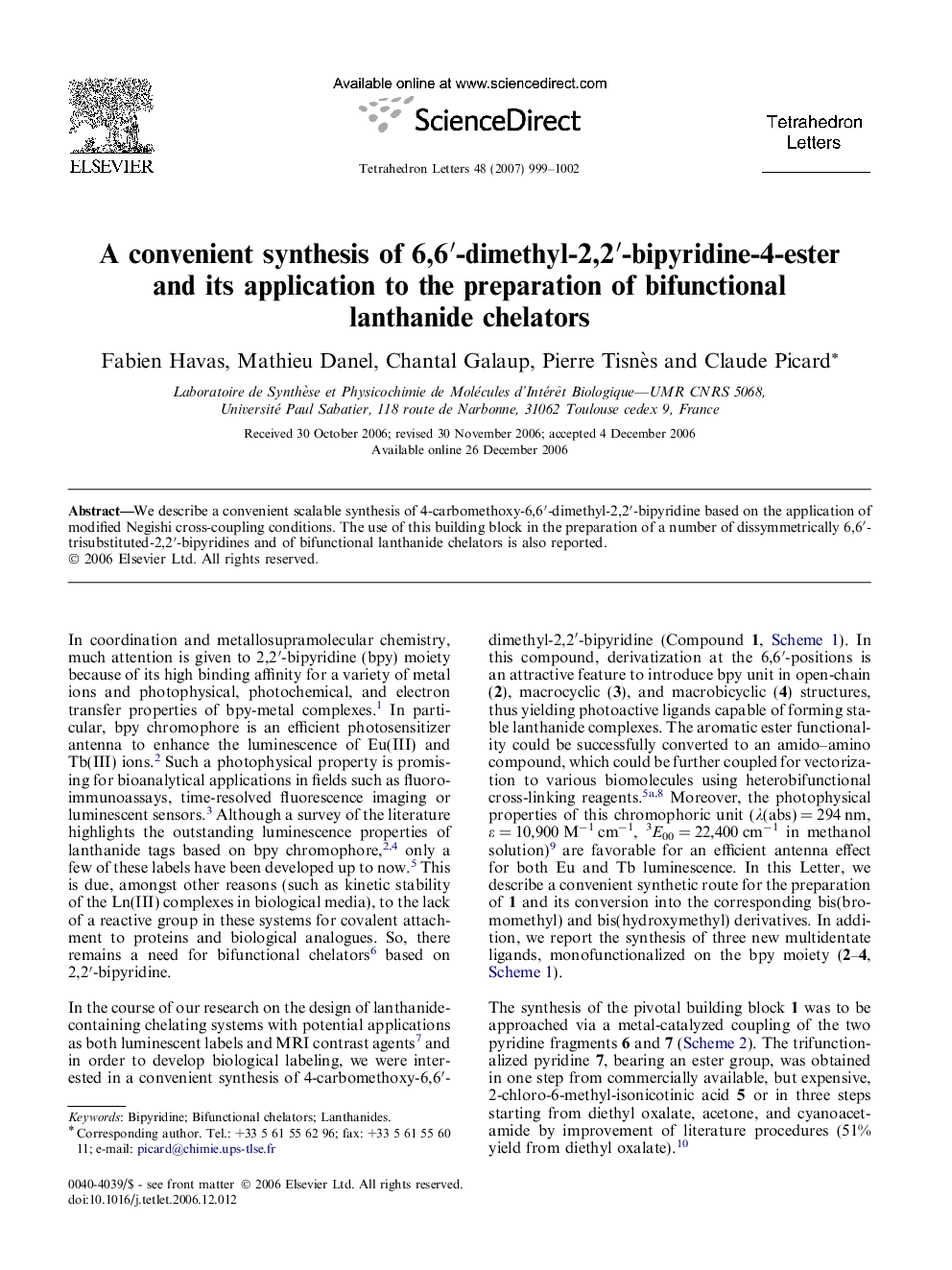 A convenient synthesis of 6,6â²-dimethyl-2,2â²-bipyridine-4-ester and its application to the preparation of bifunctional lanthanide chelators